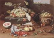 Jan Van Kessel the Younger Still life of a watermelon,pears,grapes and melons,plums,apricots and pears in a basket,with a dog surprising a monkey and fraises-de-bois spilling ou Spain oil painting artist
